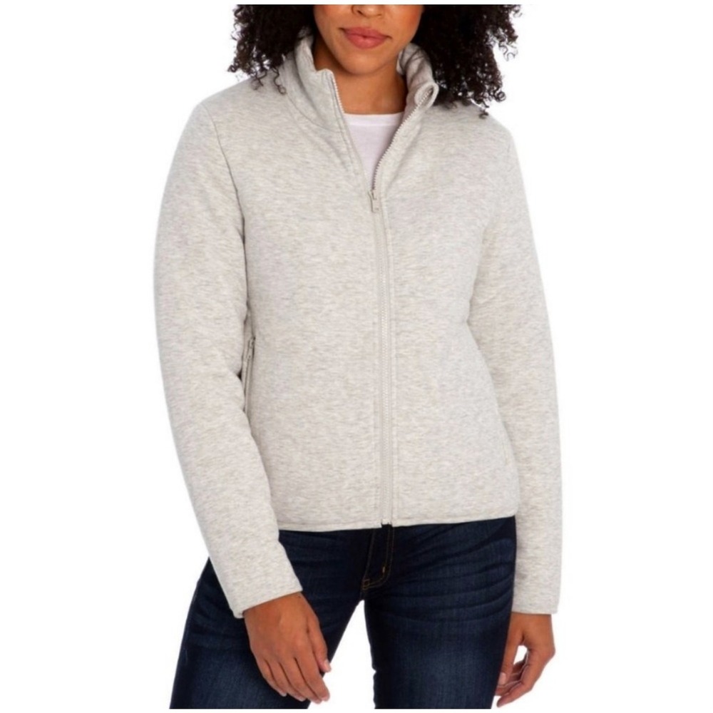 Three Dots Knit Puffer Jacket Full‎ Zip Womens Sz XL Oatmeal Cream Zip Pockets